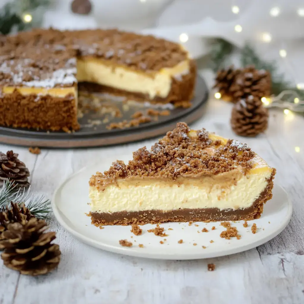 Porción de pastel de queso con migas encima, decorada con piñas y luces al fondo.