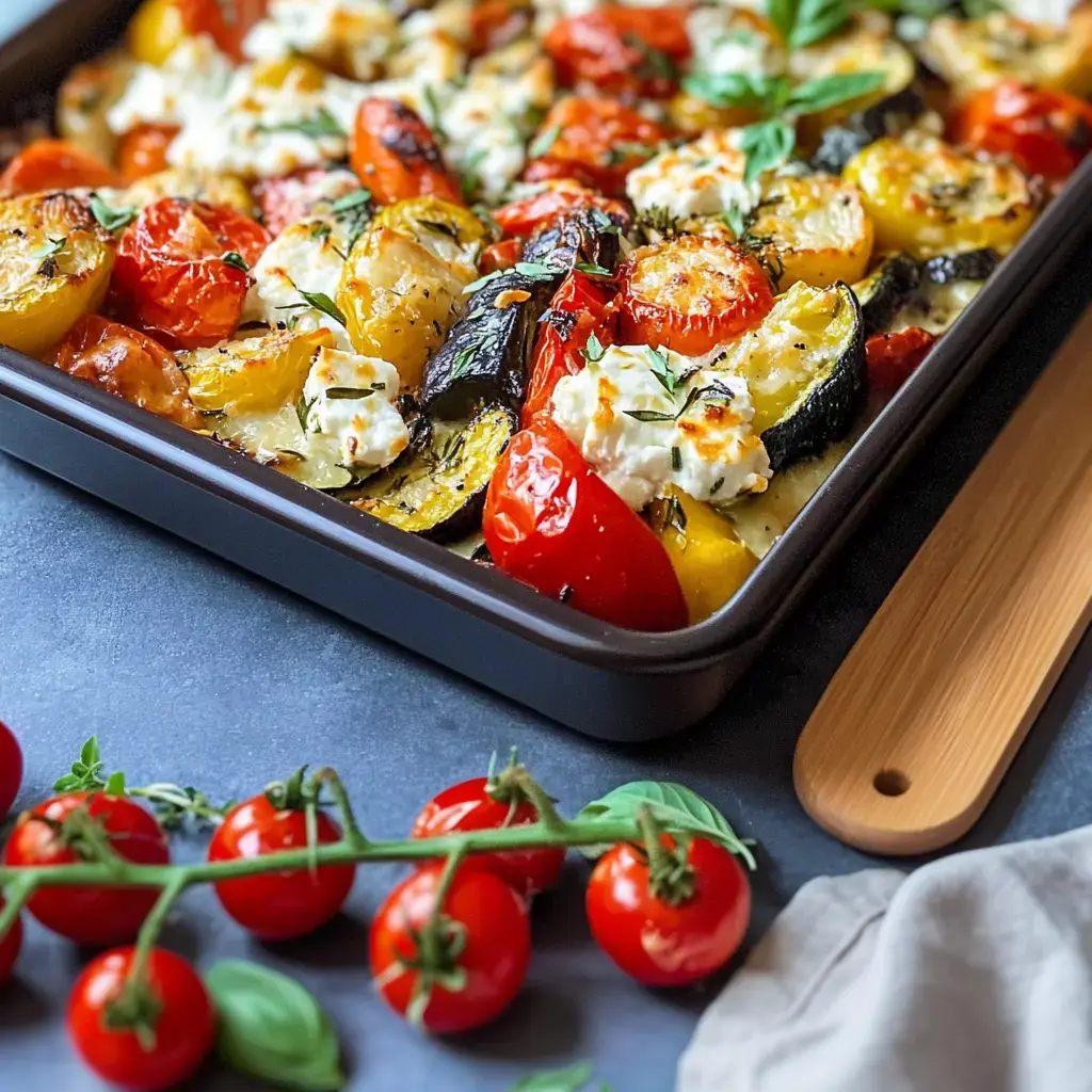 Una charola de verduras asadas, con calabacín, tomates y feta, adornados con hierbas frescas.