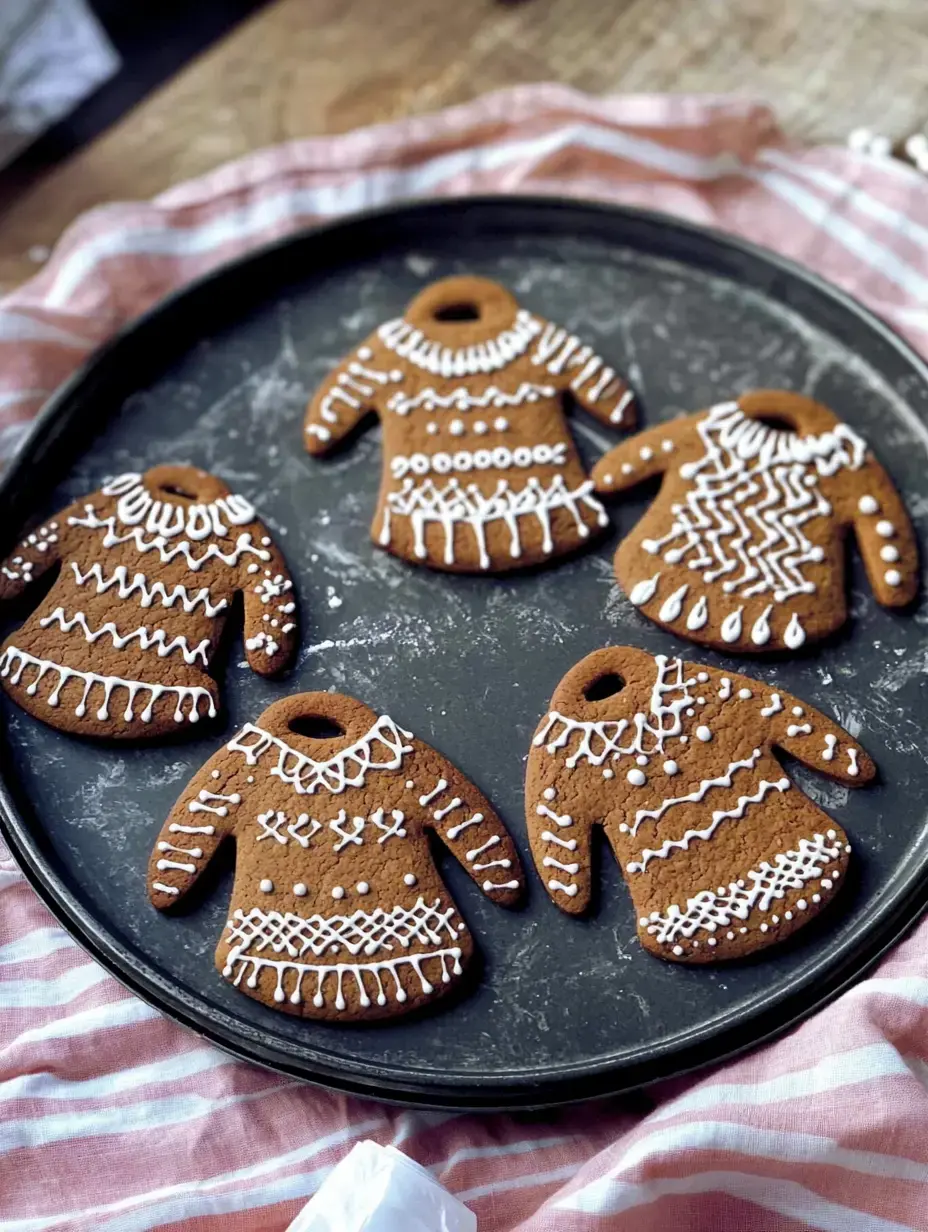 Bandeja con seis galletas en forma de suéter decoradas con glaseado blanco.