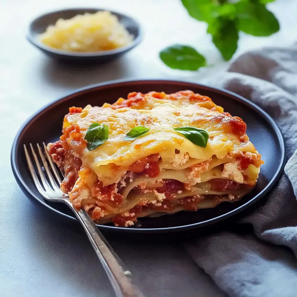 Porción de lasaña con salsa de tomate y hojas de albahaca fresca, en plato negro con un cuenco pequeño de queso rallado al lado.