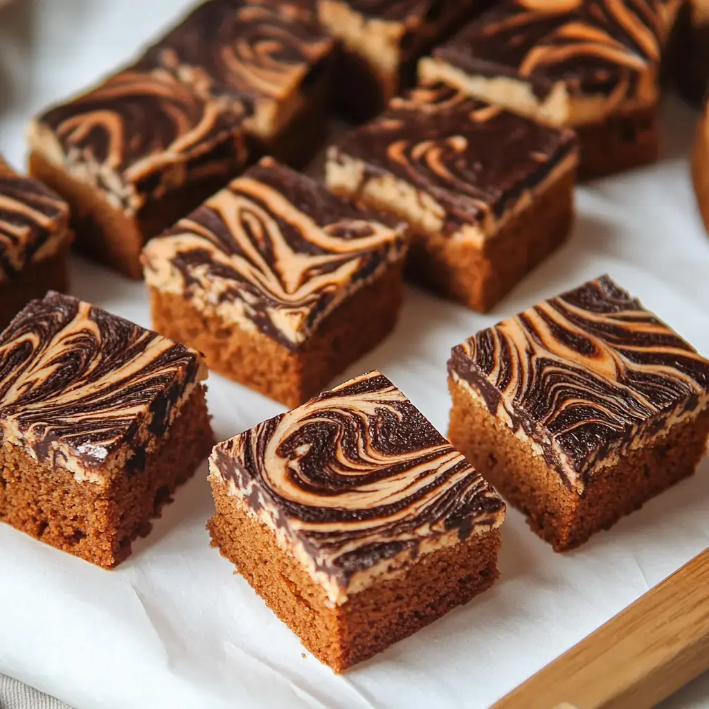 En la imagen hay trozos gruesos de bizcocho rectangular con una cobertura de chocolate marmoleada.
