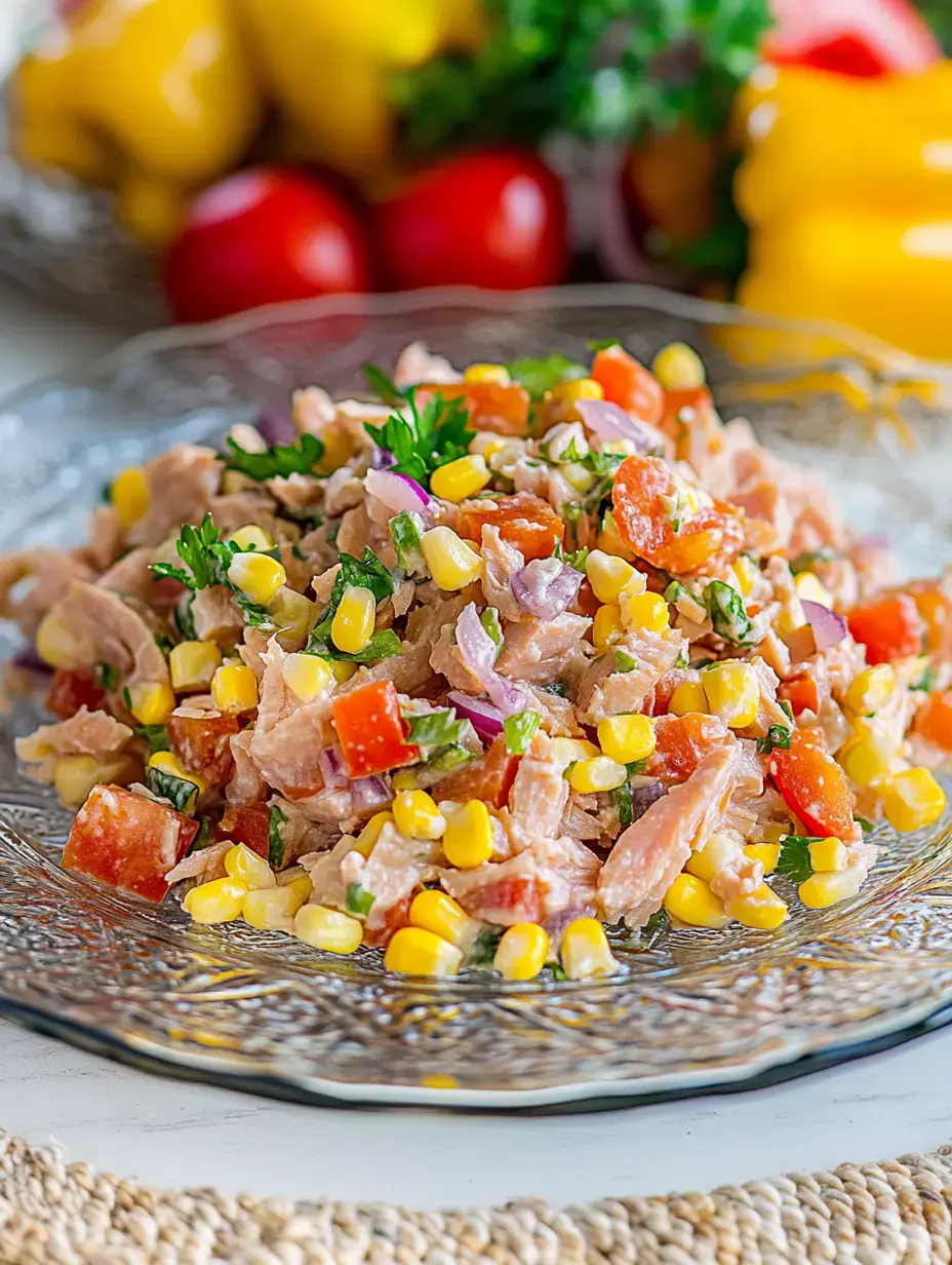 Una colorida ensalada de atún, maíz, tomates, cebollas y hierbas frescas en un plato decorativo.