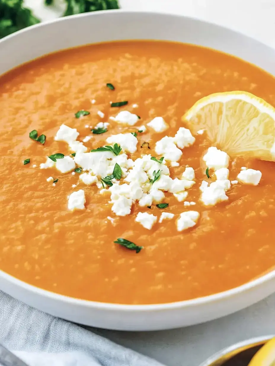 Sopa cremosa color naranja, adornada con queso feta y rodaja de limón, servida en plato blanco.