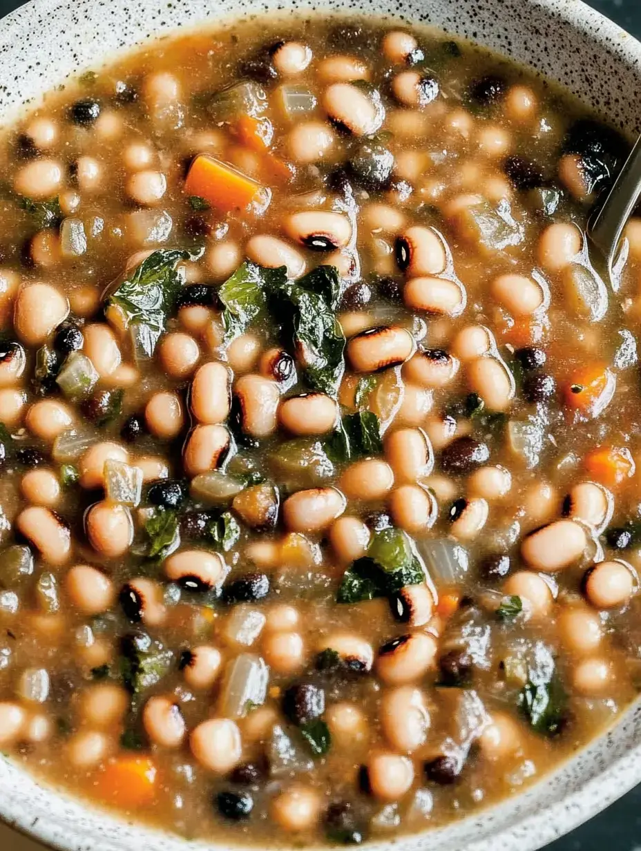 Tazón lleno hasta arriba de alubias carillas con verduras y un caldo denso y sabroso.