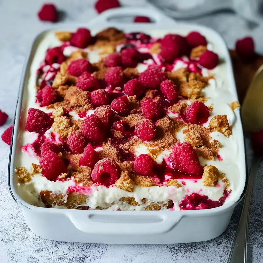 Un postre superapetecible en bandeja blanca, cubierto con frambuesas frescas, migas de galleta y salsa roja de fruta.