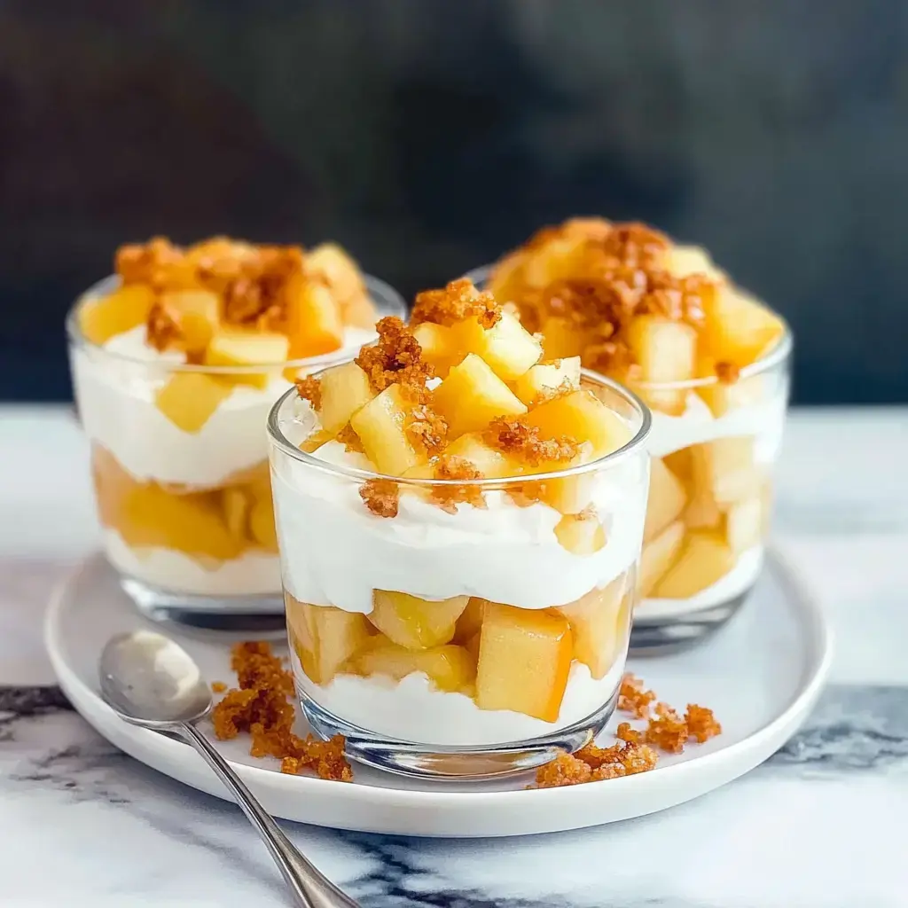Tres vasos con capas de manzana fresca, nata y trozos de galleta.