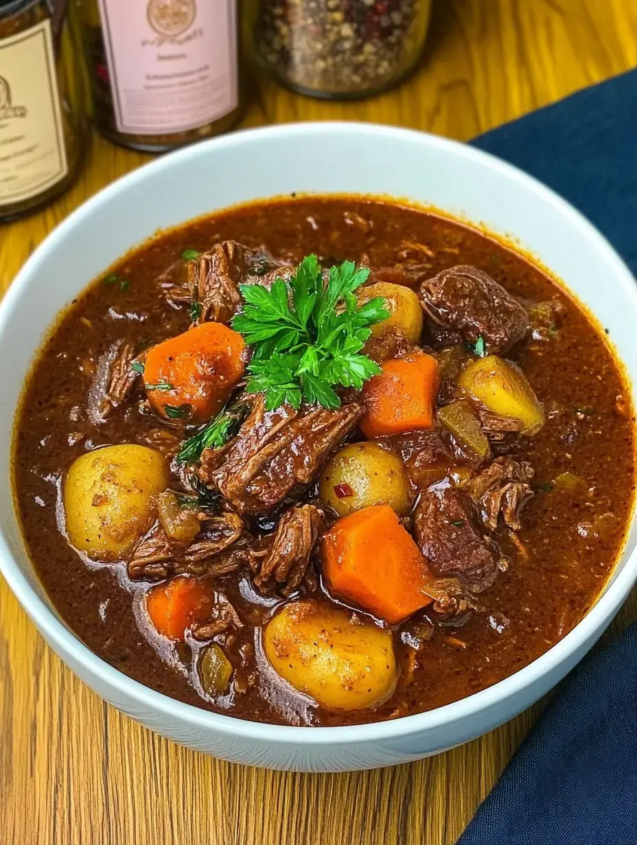 Tazón con caldo de res lleno de zanahorias, papas y sazonado, coronado con perejil fresco.