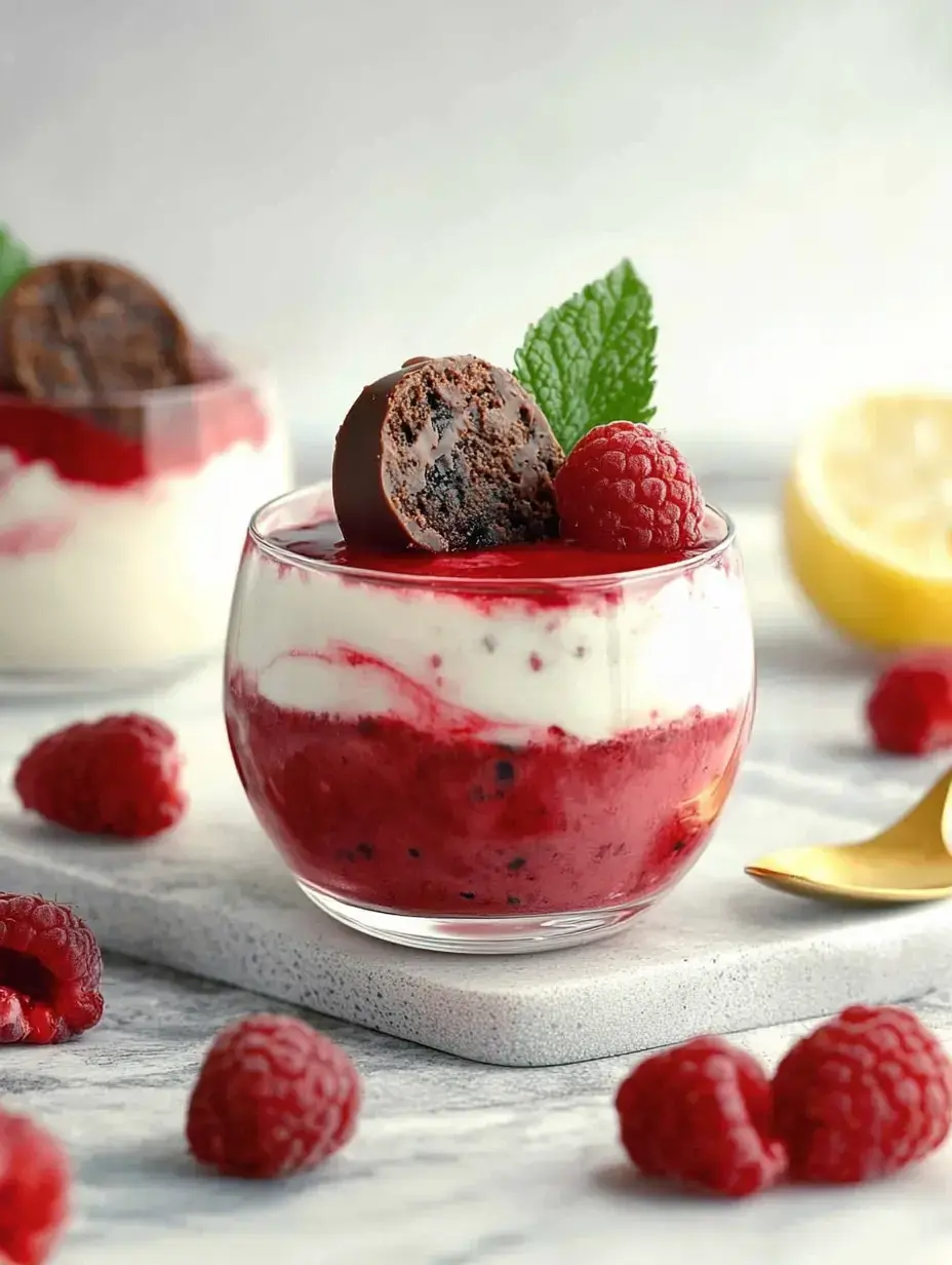 Un vaso con capas de salsa de frambuesa y una crema blanca, coronado con una frambuesa, trozo de chocolate y una hojita de menta, todo sobre un posavasos gris.