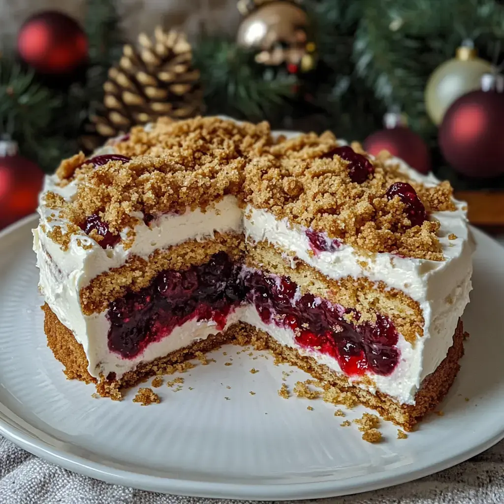Un pastel con capas de nata, cereza y migas, adornado con bolitas navideñas de fondo.