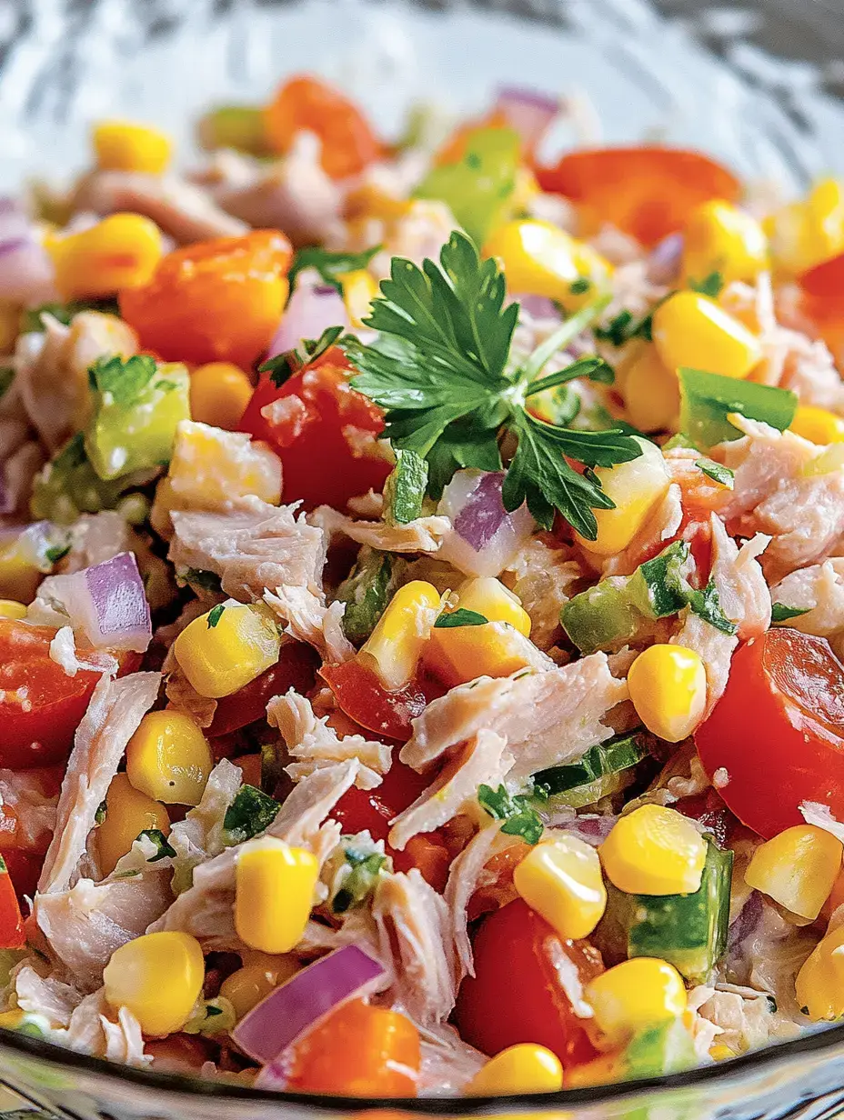 Una colorida ensalada de pollo desmenuzado, tomates, maíz, pimientos, cebollas y perejil fresco.