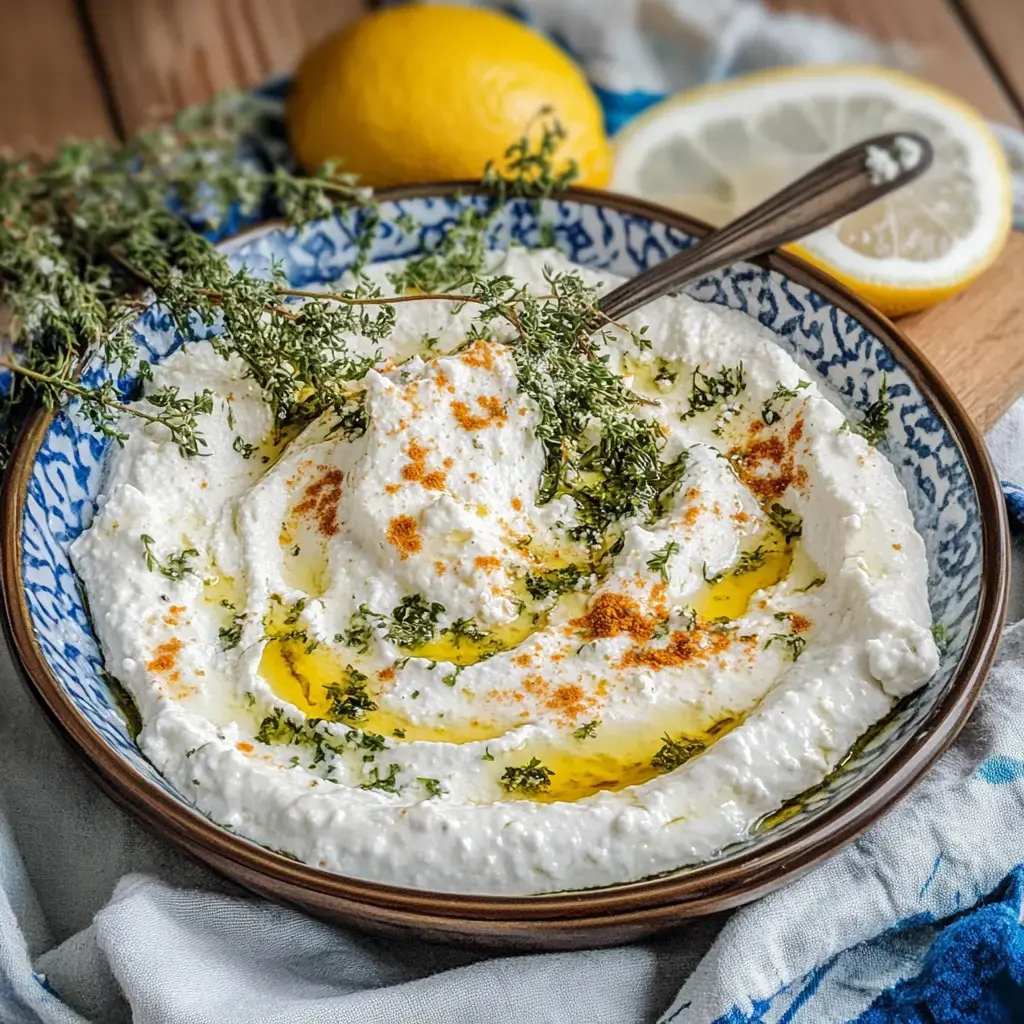 Tazón con dip cremoso de queso, decorado con aceite de oliva, tomillo y pimentón, junto a un limón y rodajas de limón.