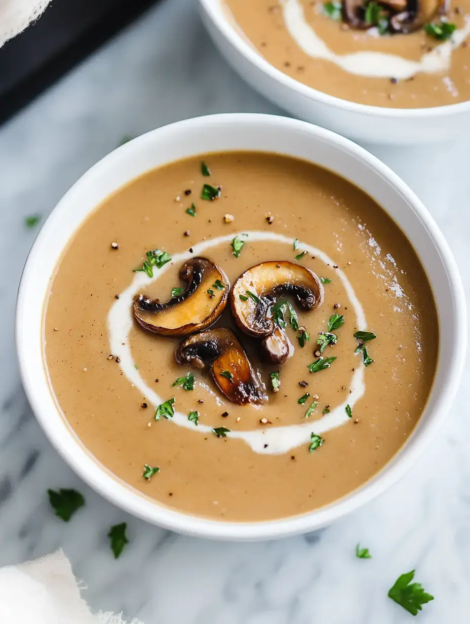 Sopa de setas bien cremosa en plato blanco con hierbas frescas y un toque de crema encima.