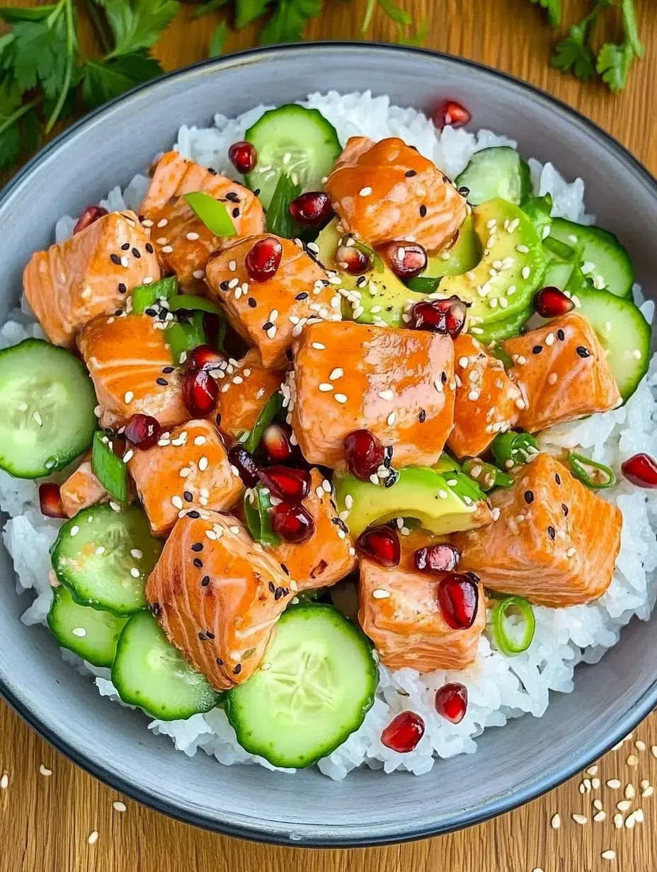 Bowl con arroz, salmón, pepino, aguacate, granada y cebollitas, decorado con sésamo blanco y negro.