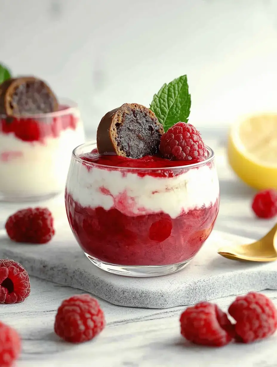 Un vaso de postre con capas de mousse de frambuesa, nata y chocolate, decorado con frambuesas frescas y menta.