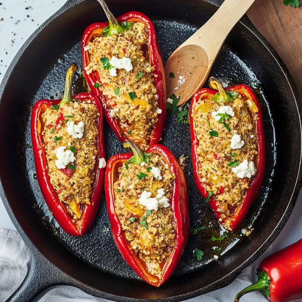 Pimientos rojos rellenos con mezcla de quesos y hierbas, listos en sartén.