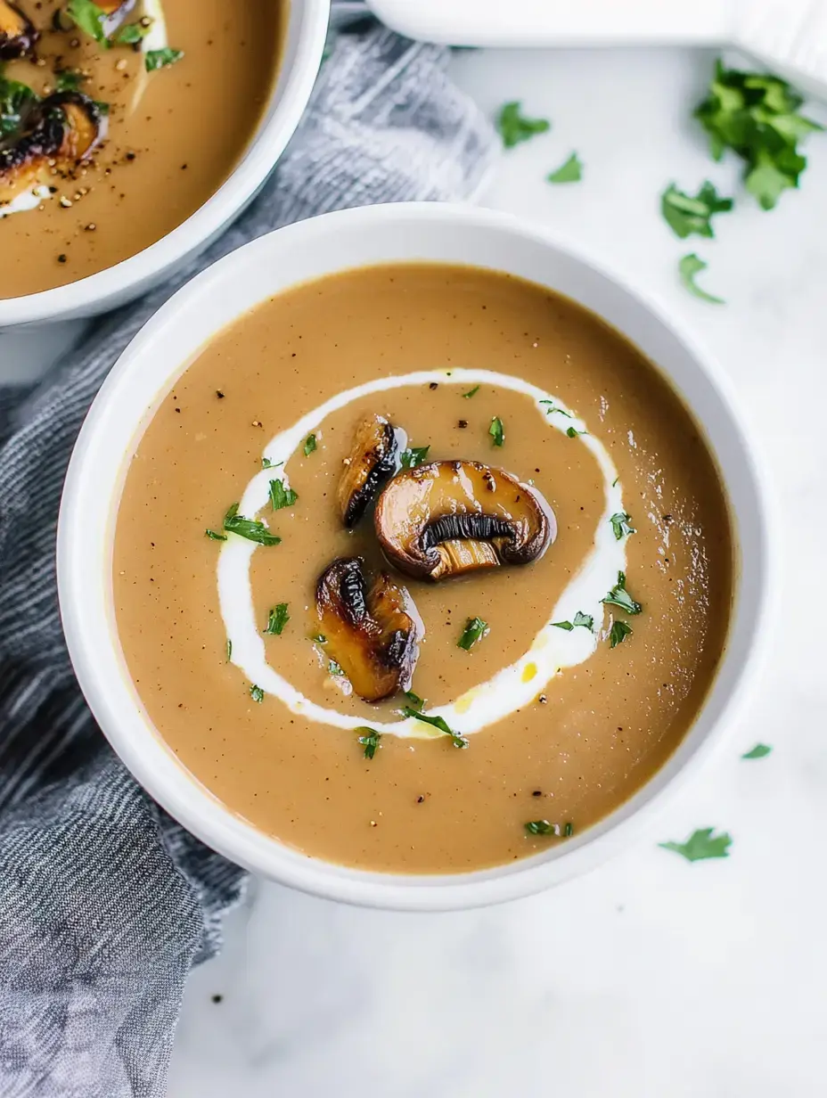 Plato de sopa cremosa con champiñones, crema encima y hierbas frescas en fondo claro.