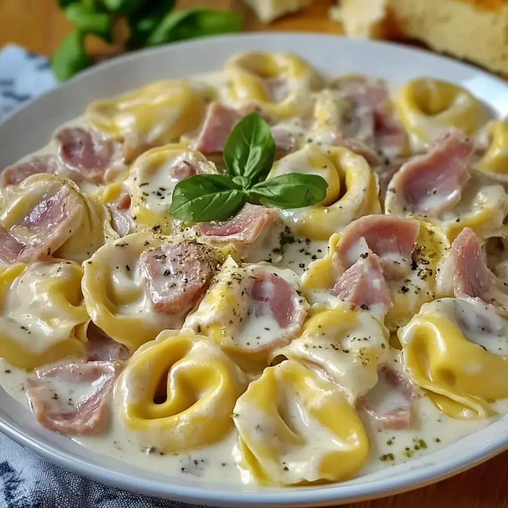 Un bol de tortellini bañados en salsa cremosa y coronados con albahaca fresca y trocitos de jamón.