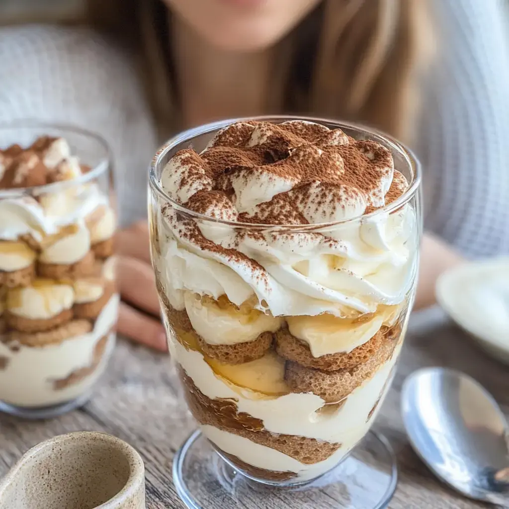 Un vasito de postre muy tentador con capas de plátano, nata, galleta y cacao por encima.