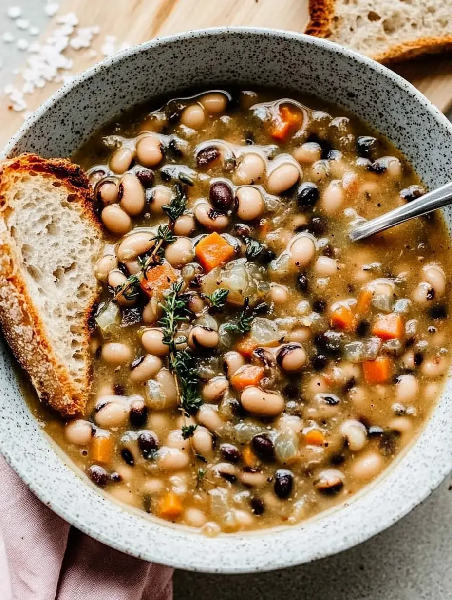 Un plato hondo de frijoles con carillas, coronado con tomillo y pan al lado.