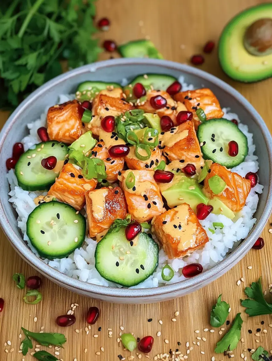 Bowl de arroz, salmón a la plancha, pepino, granada y aguacate, con cebolla y sésamo arriba.