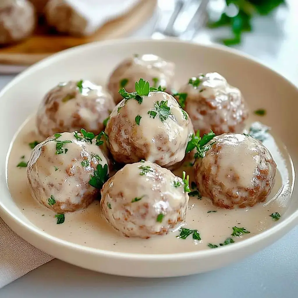 Un plato con siete albóndigas en salsa cremosa, decoradas con perejil fresco.