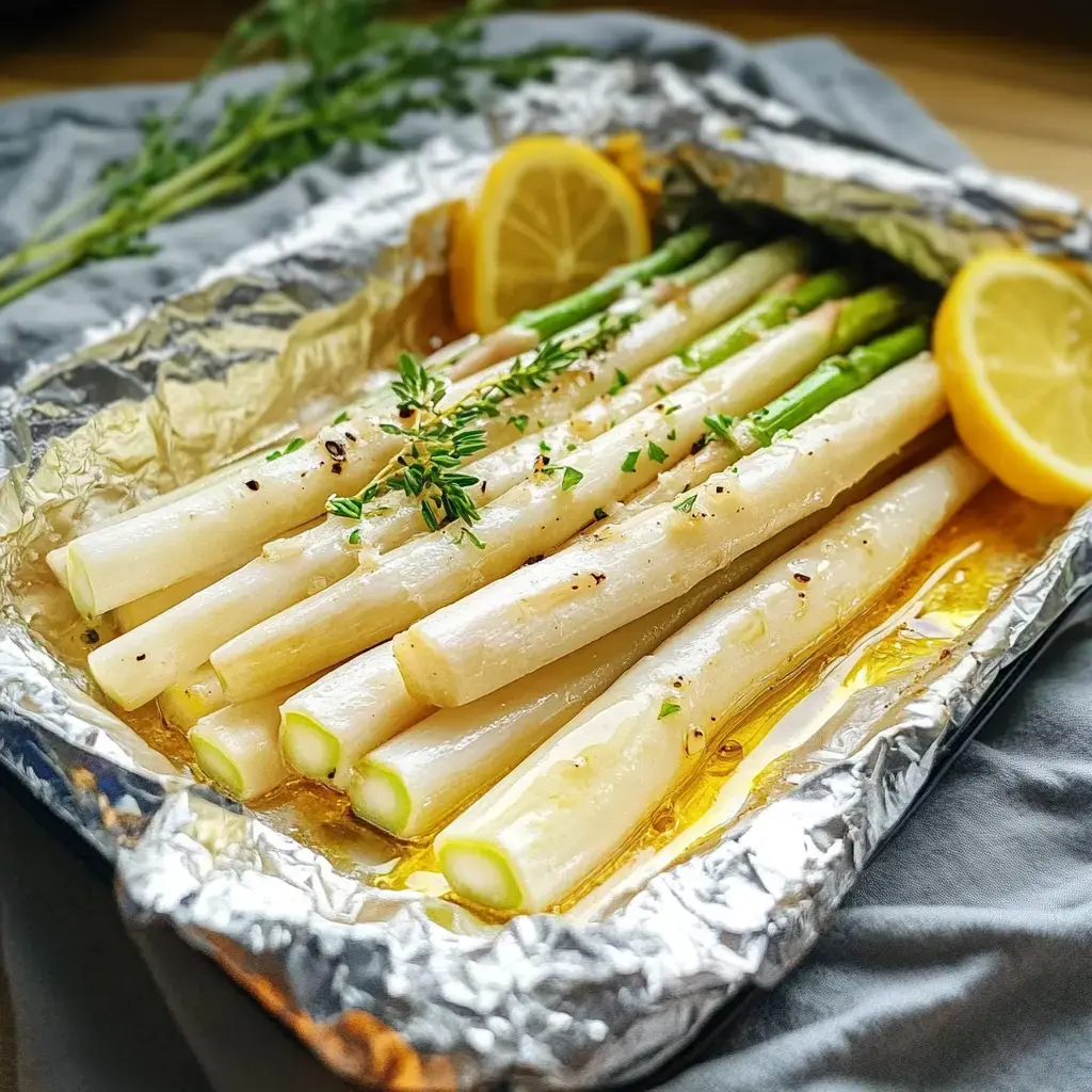 Una charola de puerros blanqueados en aceite de oliva con rodajas de limón y hierbas frescas.