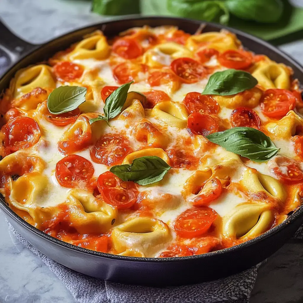 Plato de tortellini gratinado con salsa de tomate, mozzarella derretida y hojas frescas de albahaca.