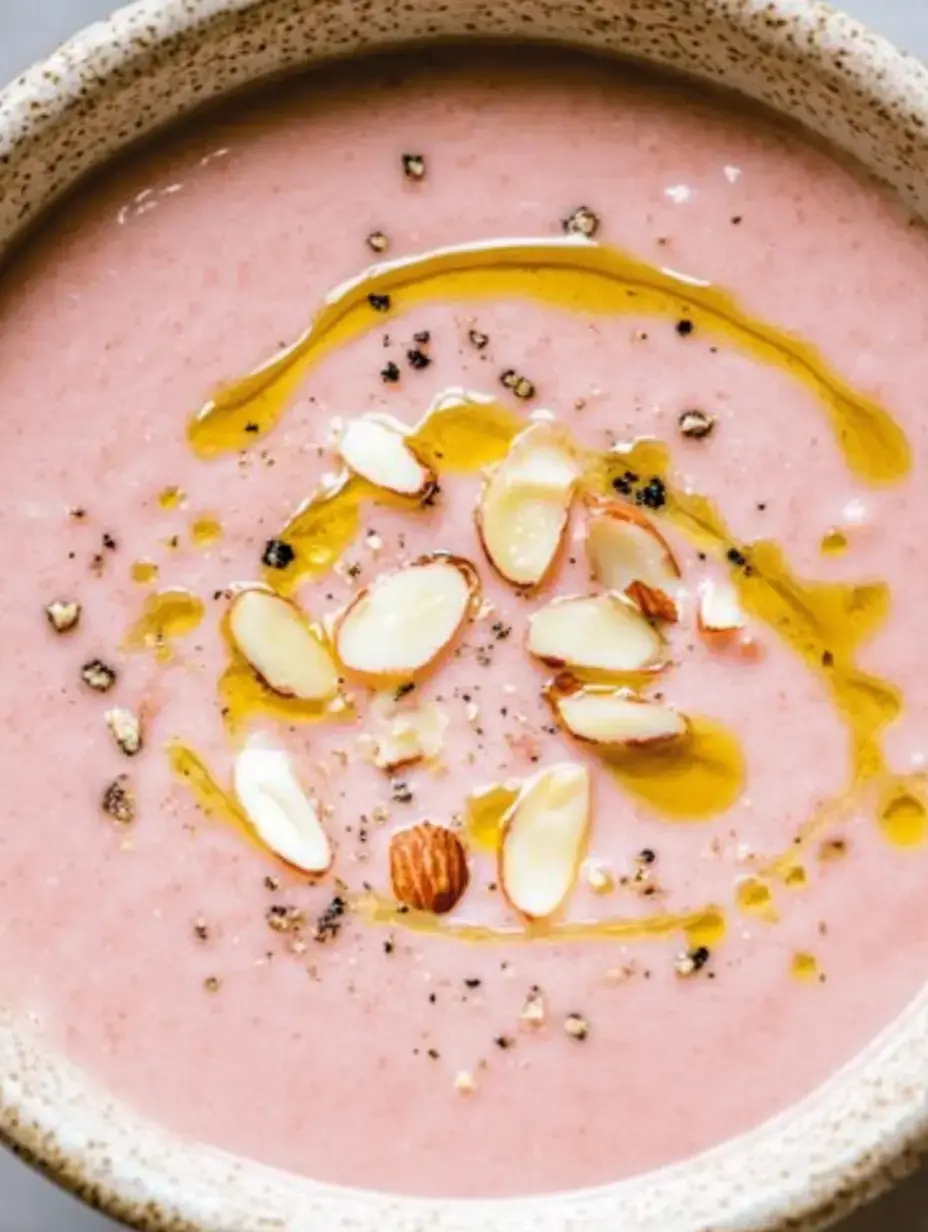 Un bol de sopa rosa, decorado con láminas de almendra y un chorrito de aceite de oliva.