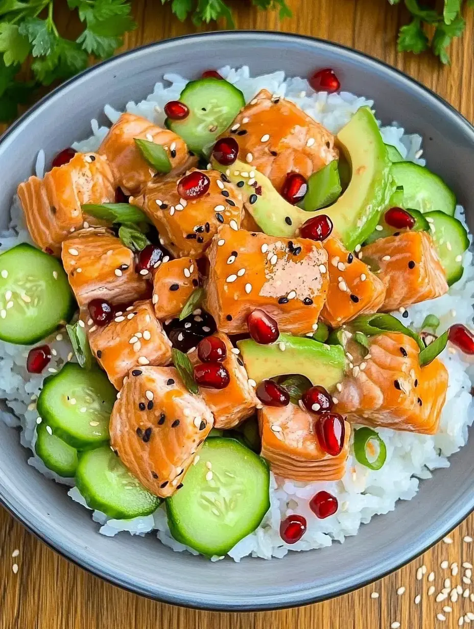 Bowl con arroz, salmón marinado, pepino, granada y sésamo, decorado con cebolla.