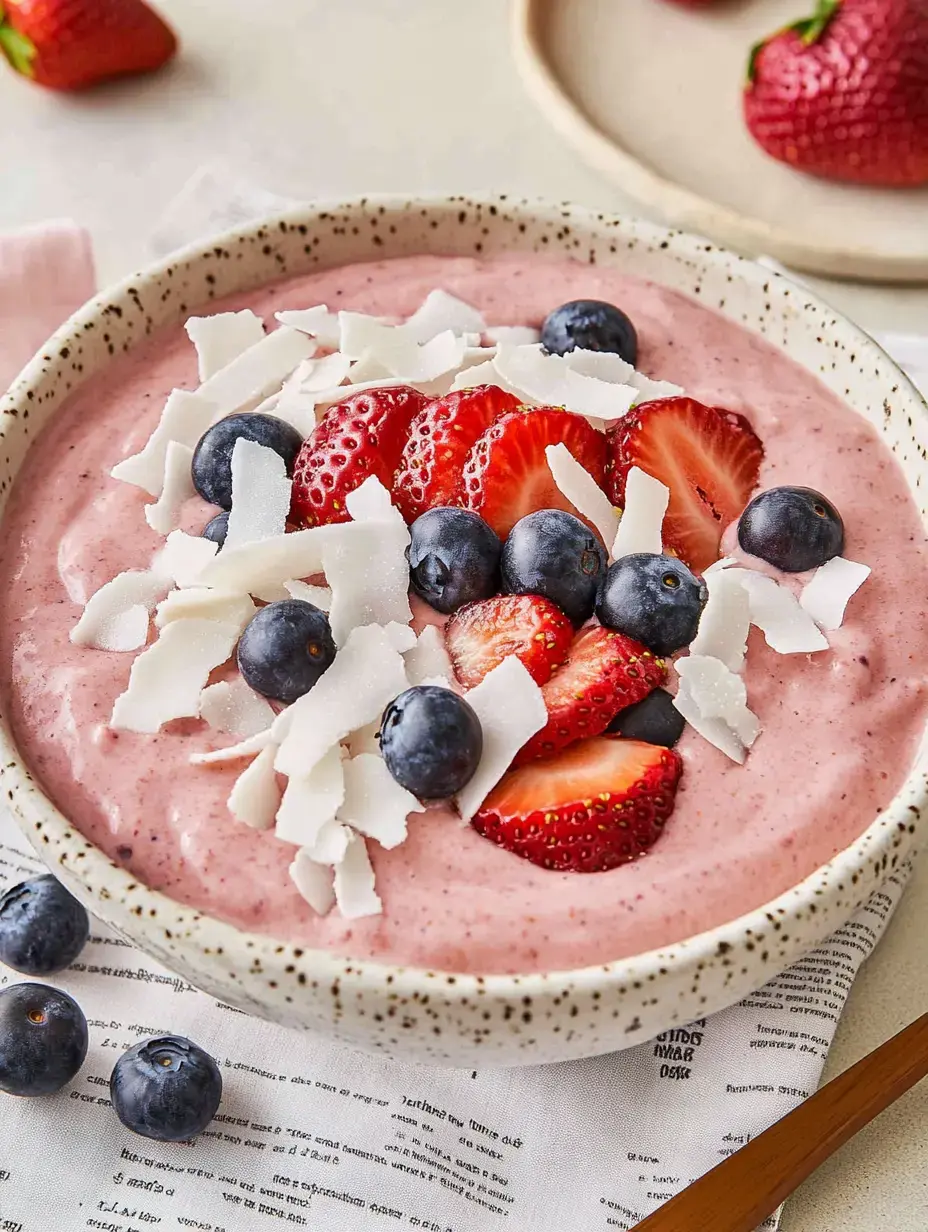 Un bowl cremoso de yogur con fresas y arándanos, decorado con fruta fresca y trozos de coco.