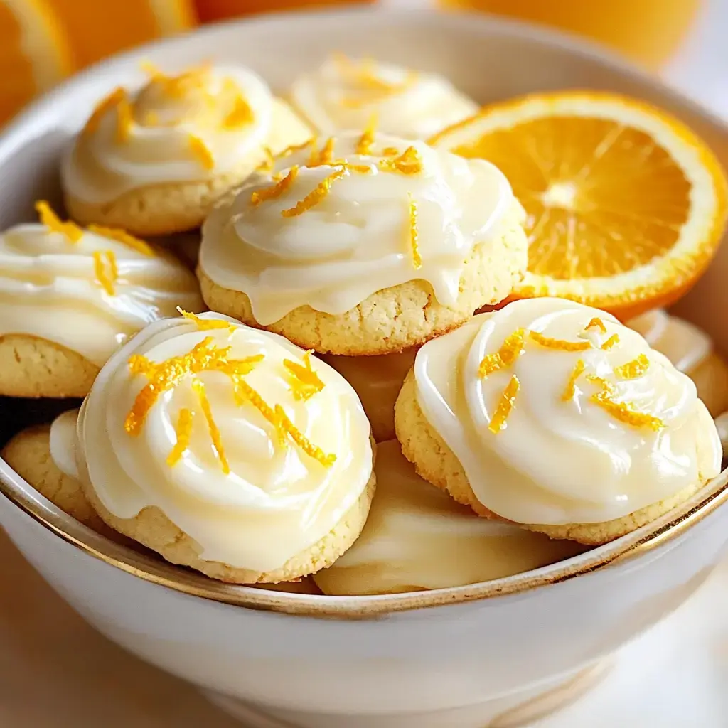 Un tazón con galletas cubiertas de chocolate blanco y ralladura de cítricos, con media naranja de fondo.