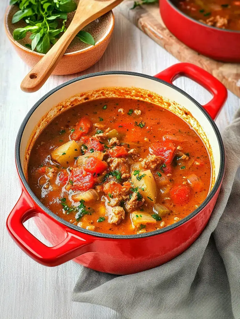 Una olla roja con un guiso casero lleno de carne y verduras, sobre la mesa y un cuenco de hierbas frescas al lado.