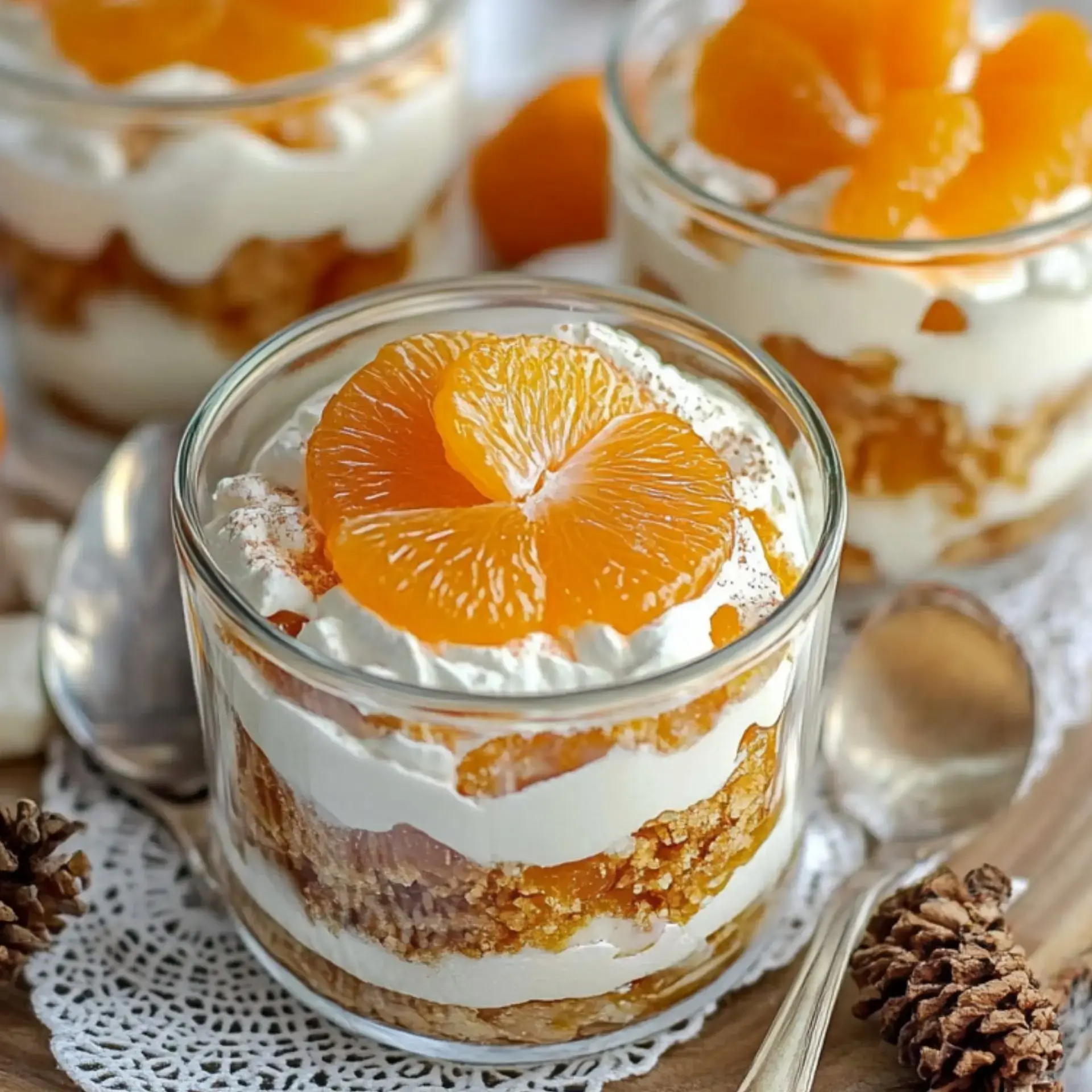 Un vaso de postre con capas de nata, galletas y mandarinas, coronado con una mandarina encima.