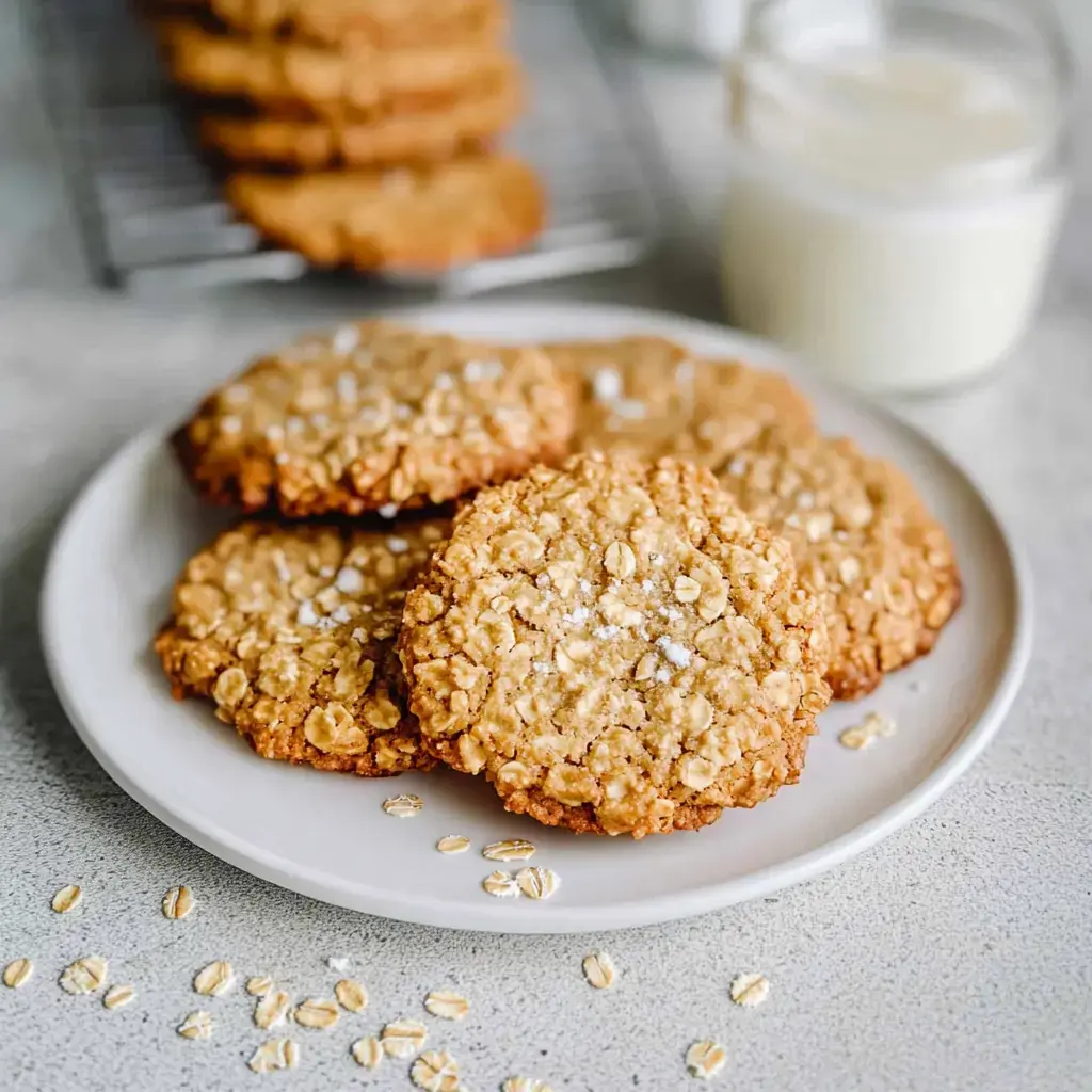 Un plato con galletas de avena recién hechas, rodeado de hojuelas de avena y un vaso de leche al fondo.