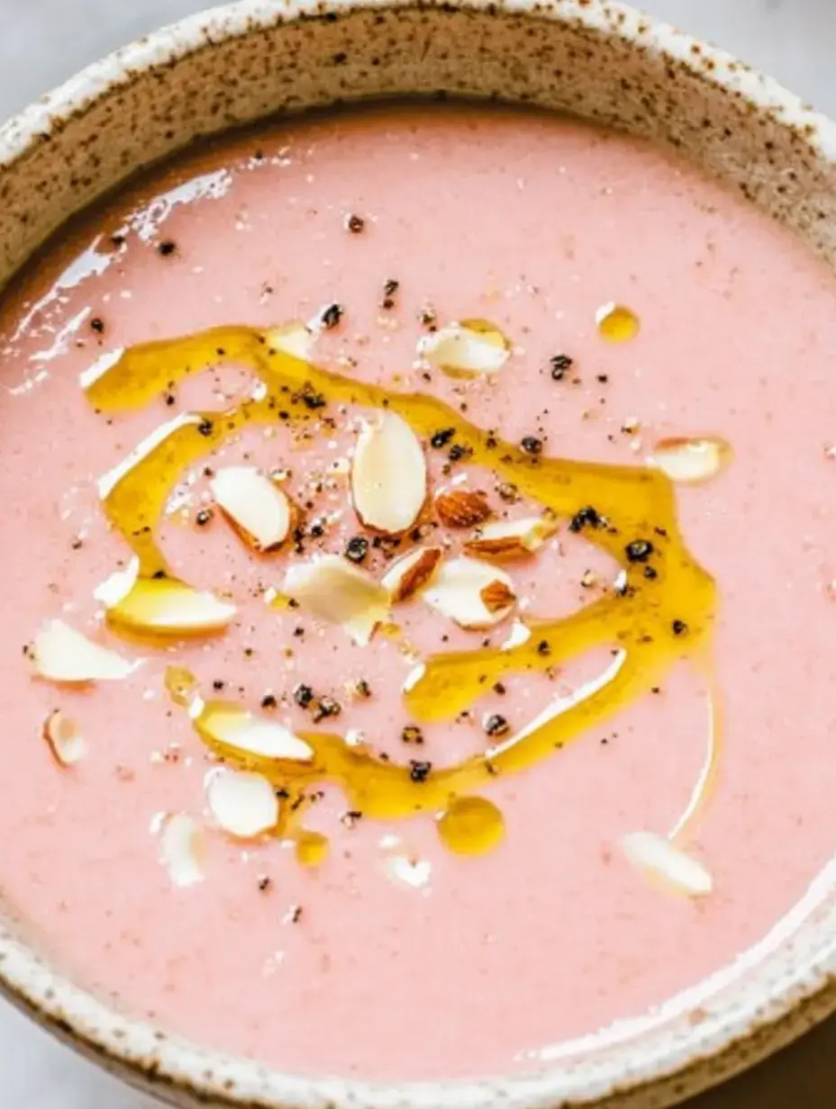 Un bol de sopa rosa adornada con aceite de oliva, láminas de almendra y granos de pimienta negra.
