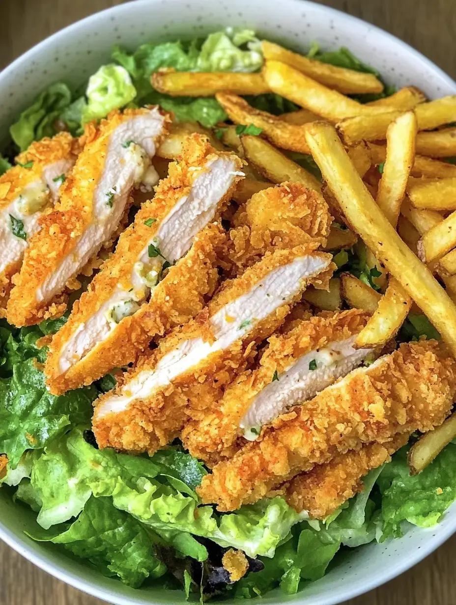 Un plato con filetes de pollo empanizados sobre lechuga fresca y papas fritas.