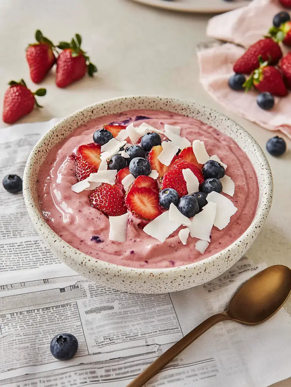 Un bowl rosa cremoso con fresas, arándanos y coco rayado, rodeado de fruta fresca y una cuchara dorada.