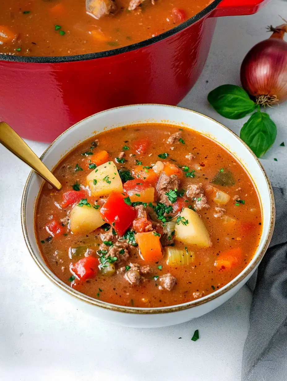Un plato lleno de guiso casero con patatas, carne y verdura, junto a una olla grande y productos frescos.