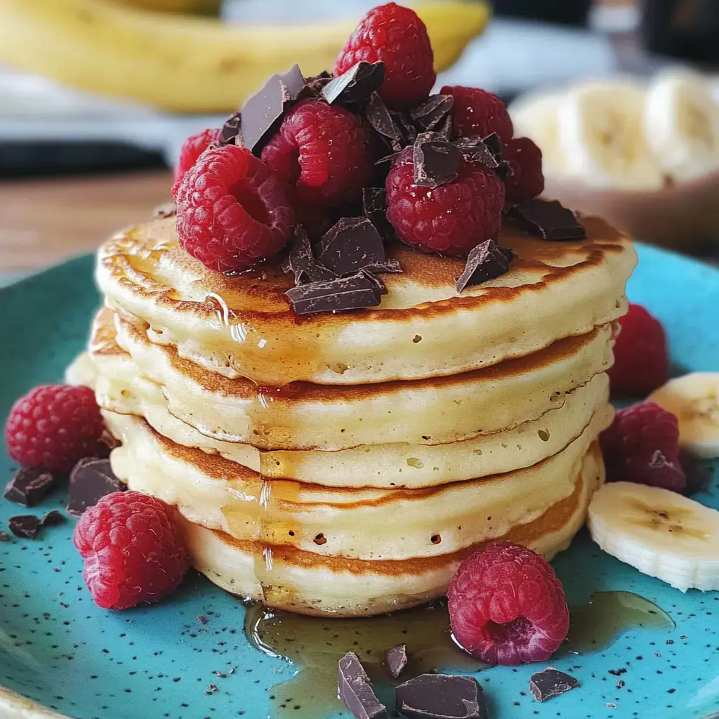 Una pila de pancakes esponjosos con frambuesas, chocolate y jarabe sobre un plato azul.