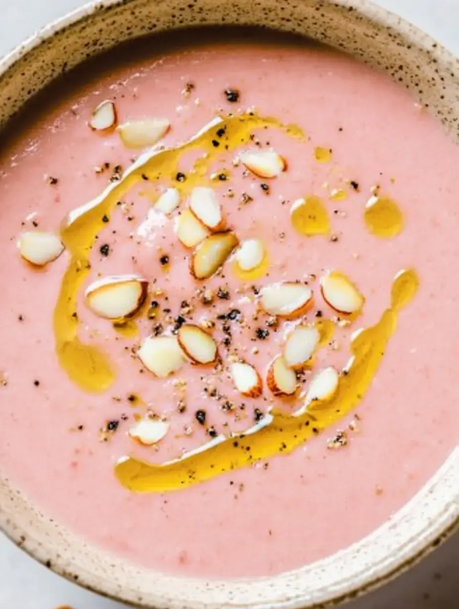 Sopa cremosa rosa con aceite de oliva, láminas de almendra y pimienta negra en un bol.