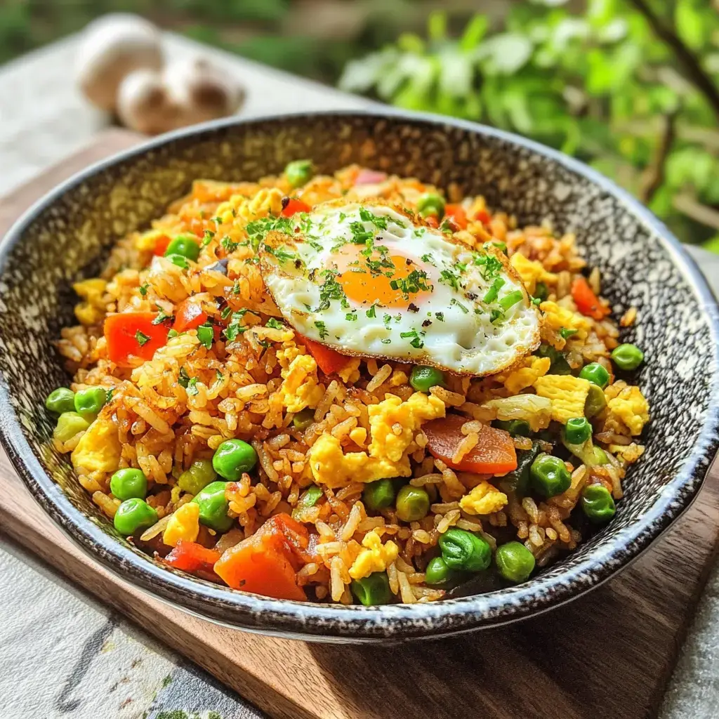 Un bol de arroz salteado con huevo frito y hierbas frescas, rodeado de guisantes y pimientos.