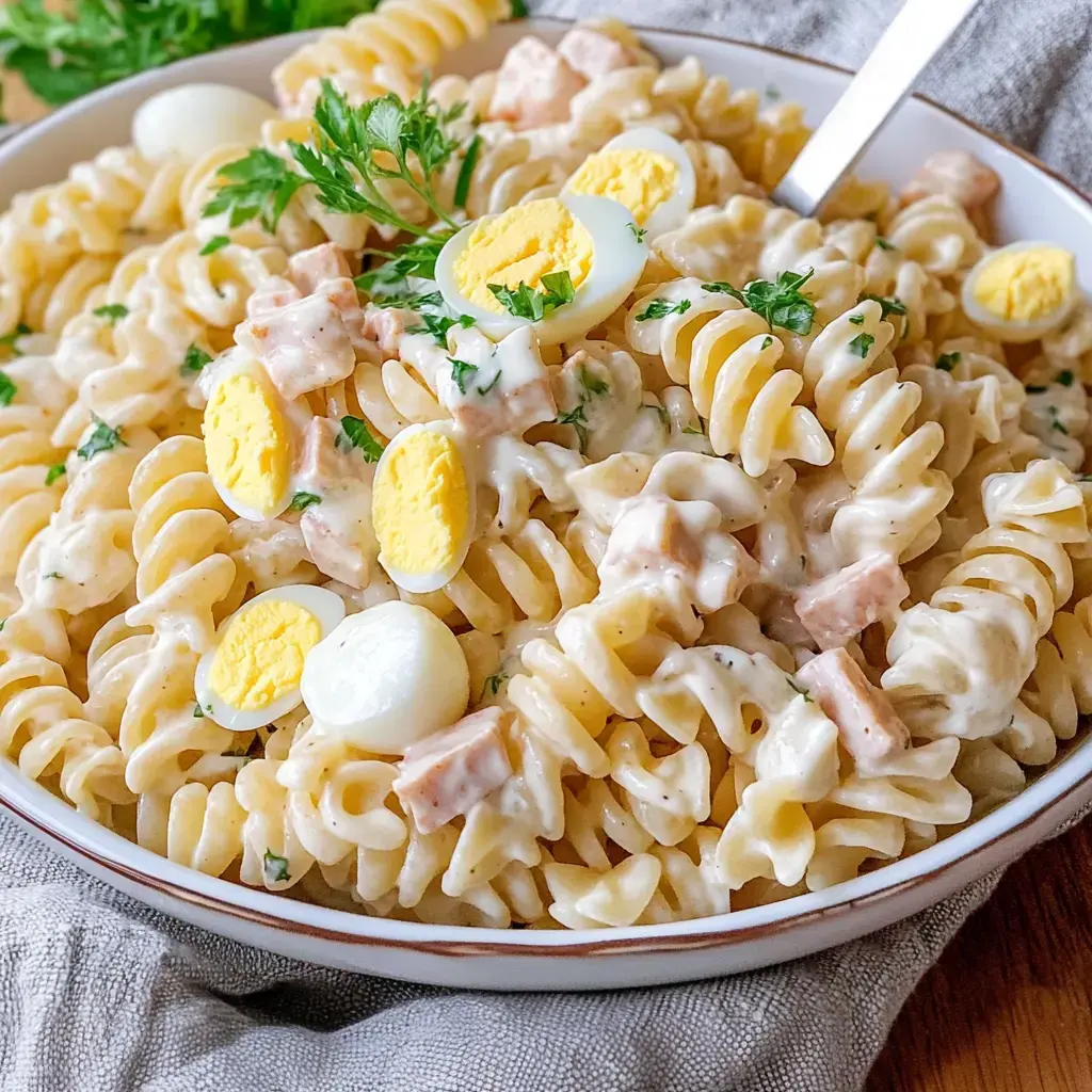 Un plato con pasta fusilli bañada en aderezo cremoso, decorada con rodajas de huevo, trozos de jamón y un poco de perejil fresco.