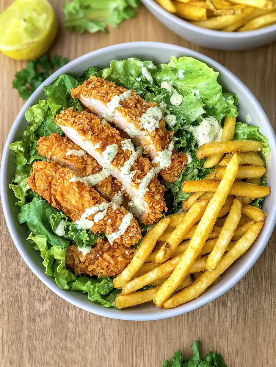 Un bowl con pollo crujiente sobre lechuga y aderezo, acompañado de papas fritas.