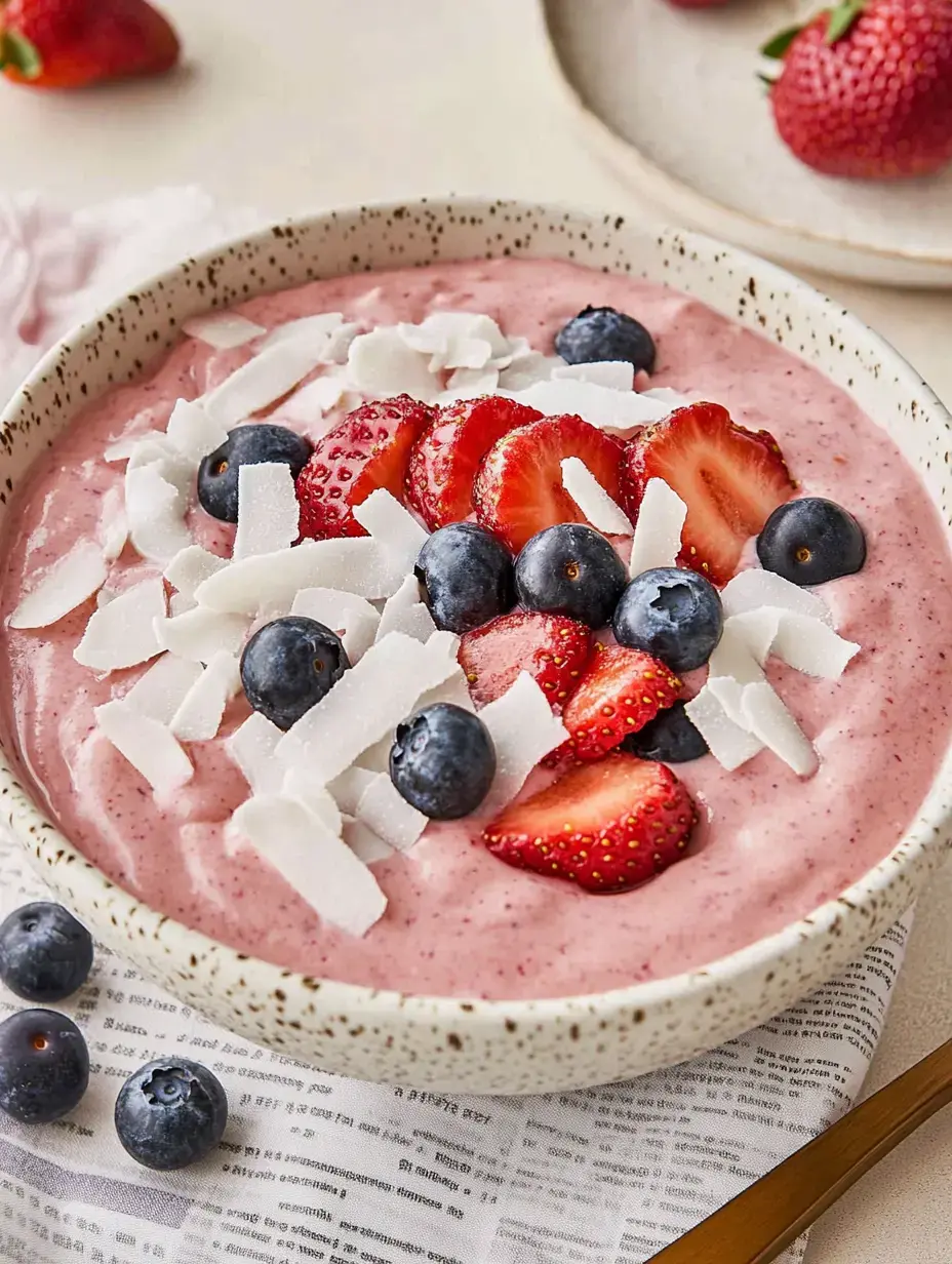 Un bowl cremoso con yogur, fresas frescas, frutos azules y coco rallado.