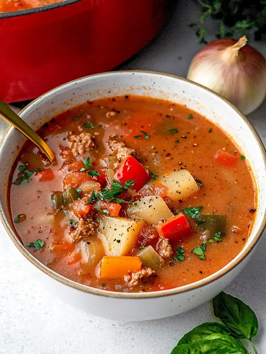 Un bol lleno de sopa casera, con carne, verduras coloridas y hierbas frescas arriba.