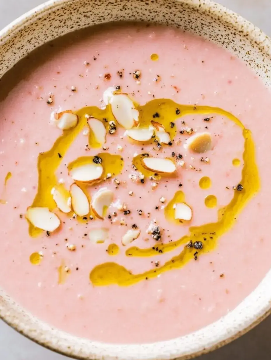 Un bol de sopa rosa con aceite de oliva, trozos de almendra y especias.