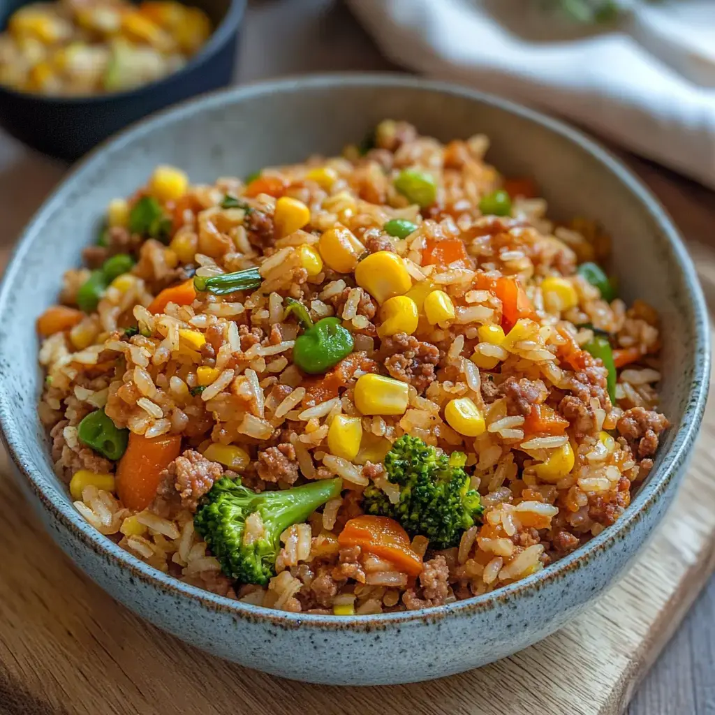 Un bol con arroz frito, carne molida y verduras de colores como zanahoria, guisantes, brócoli y maíz.