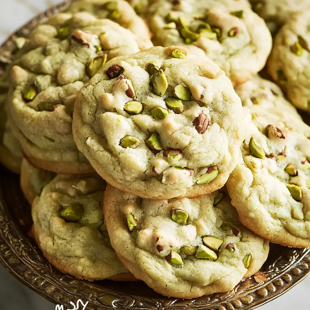Un plato con galletitas recién horneadas llenas de trozos de pistache.