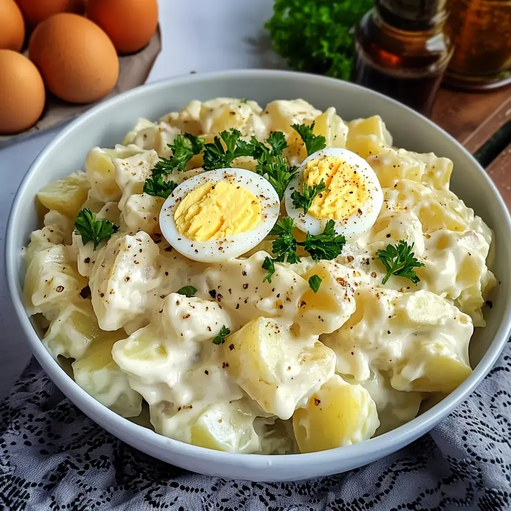 Plato de ensalada de patata con mayonesa, decorado con dos mitades de huevo duro y perejil fresco, al fondo huevos y aceite.