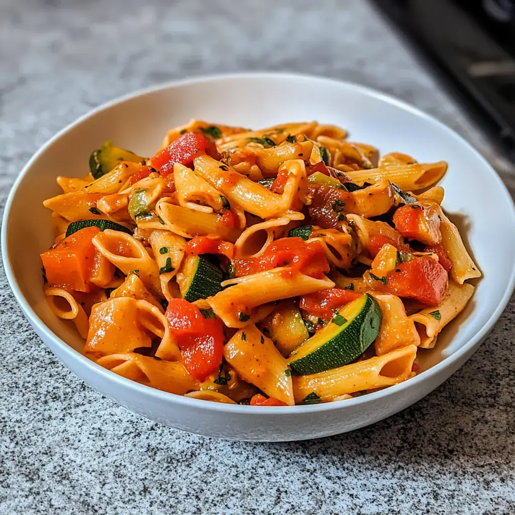 Un bowl blanco lleno de pasta, verduras y salsa de tomate fresca.